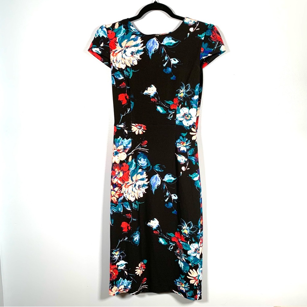 Betsey Johnson Black Floral Sheath Midi Dress Size 4